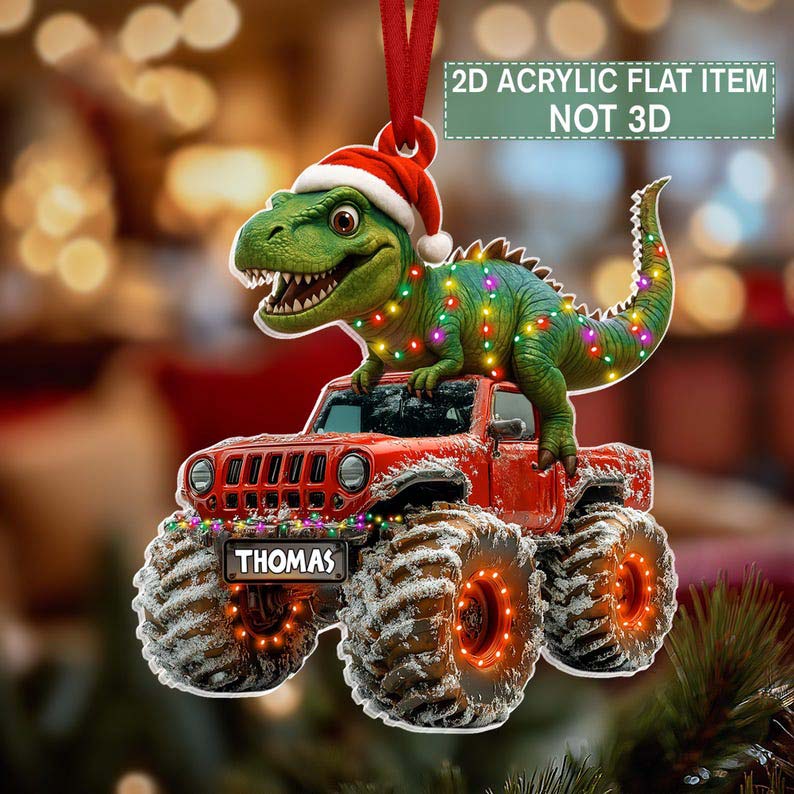 Custom Dinosaur Christmas Ornament, Monster Truck Ornament,Boys Dino Christmas Ornament,Baby Boy Christmas Present,Christmas Gift For Child