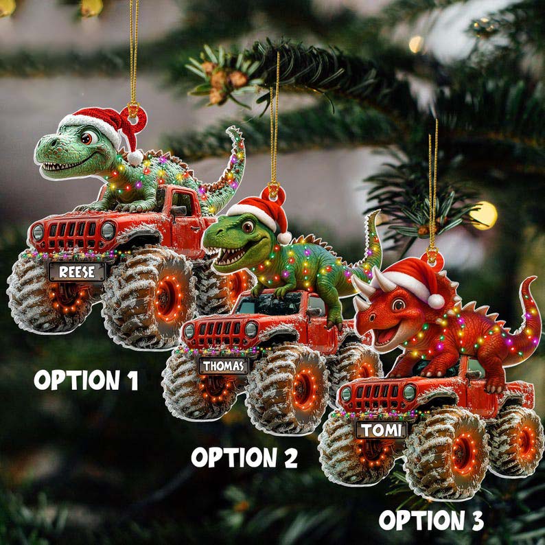 Custom Dinosaur Christmas Ornament, Monster Truck Ornament,Boys Dino Christmas Ornament,Baby Boy Christmas Present,Christmas Gift For Child
