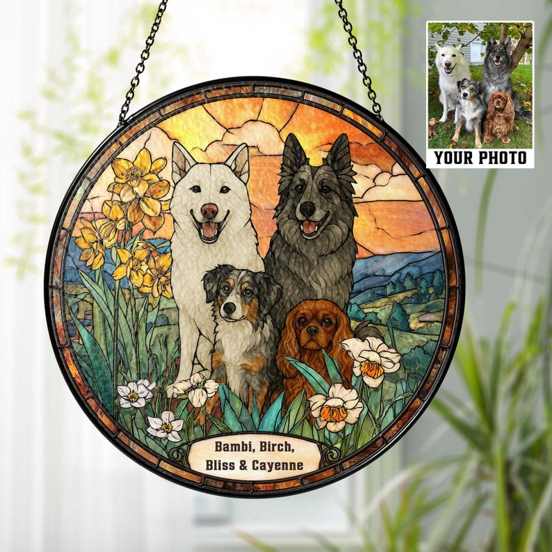 Custom Pet Portrait Stained Glass Suncatcher, Stained Glass Dog Memorial, Custom Dog Portrait from Photo, Pet Memorial Gift, Window hangings