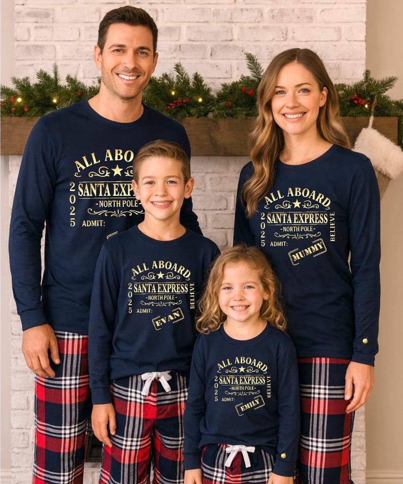 Matching Family Santa Express Christmas Set Personalised Navy Long Sleeve T-Shirt, & Red Plaid/Tartan Trouser Bottoms **Customisable**