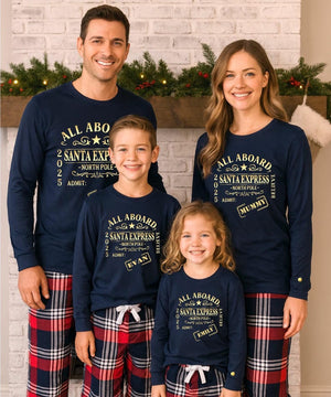 Matching Family Santa Express Christmas Set Personalised Navy Long Sleeve T-Shirt, & Red Plaid/Tartan Trouser Bottoms **Customisable**