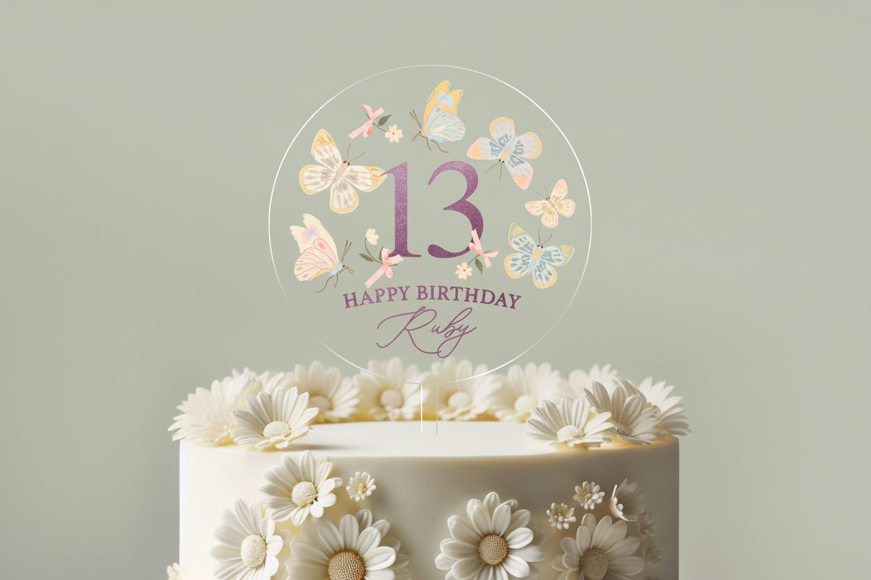 Personalized Birthday Cake Topper Acrylic Cake Topper Custom Topper Round Cake Topper Customized Butterfly Cake Topper with Name
