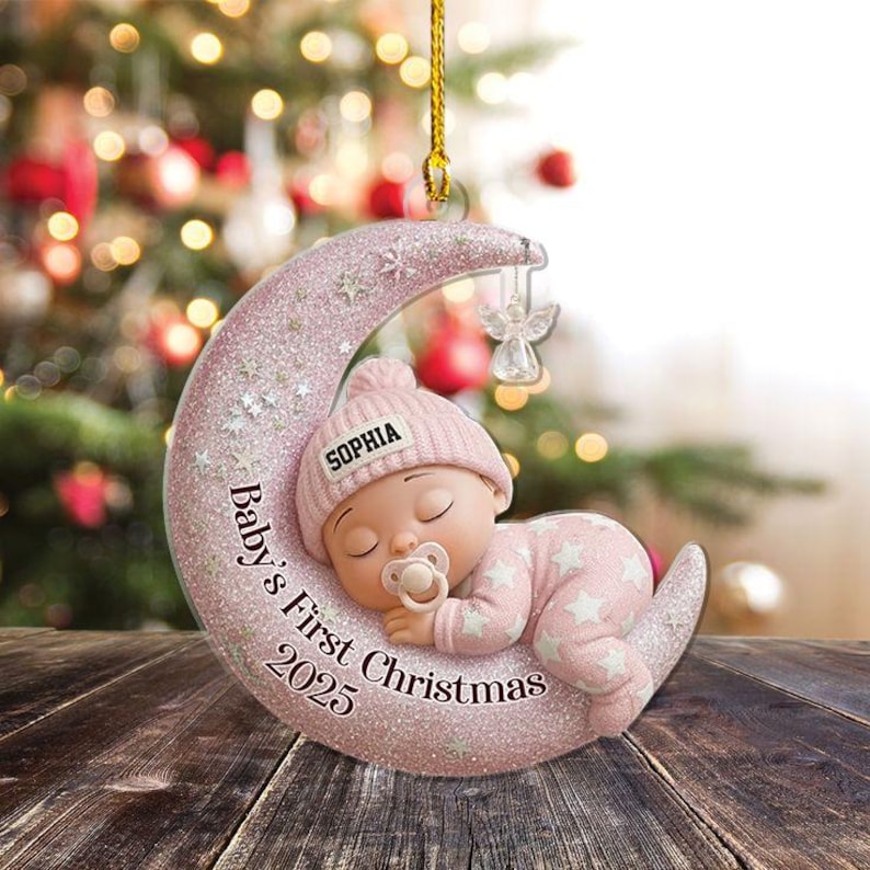 Baby s First Christmas 2D Flat Ornament, Custom Moon Sleeping Acrylic Keepsake, Personalized Newborn Gift, Holiday Decoration,Baby Gift Idea