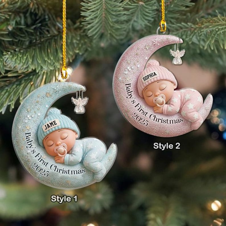 Baby s First Christmas 2D Flat Ornament, Custom Moon Sleeping Acrylic Keepsake, Personalized Newborn Gift, Holiday Decoration,Baby Gift Idea