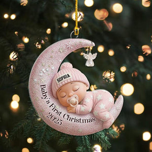 Baby s First Christmas 2D Flat Ornament, Custom Moon Sleeping Acrylic Keepsake, Personalized Newborn Gift, Holiday Decoration,Baby Gift Idea