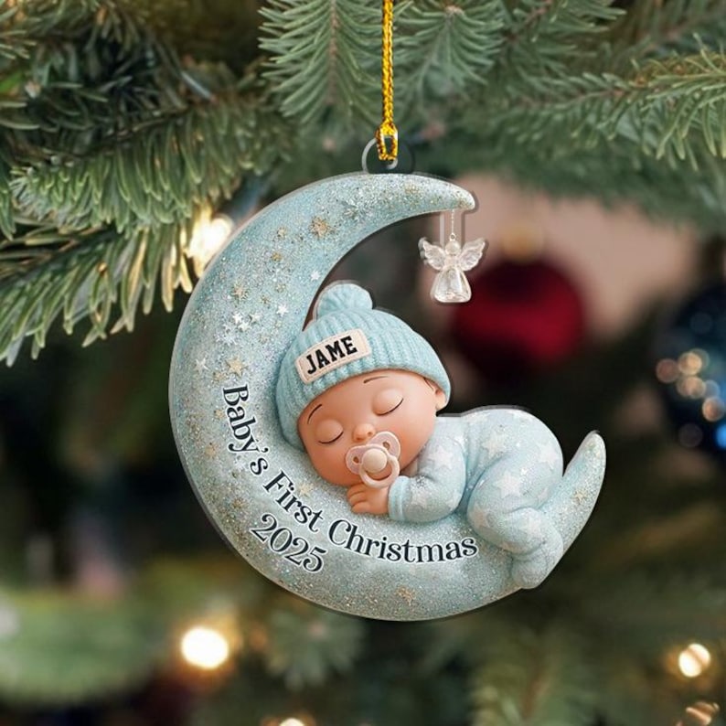 Baby s First Christmas 2D Flat Ornament, Custom Moon Sleeping Acrylic Keepsake, Personalized Newborn Gift, Holiday Decoration,Baby Gift Idea