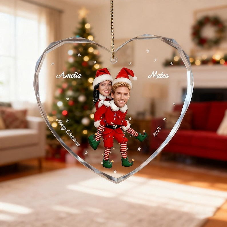 Personalized Christmas Ornament with Couple Photo, Custom Glass Heart or Round Ornament, Cute Elf Design, Holiday Gift for Couples