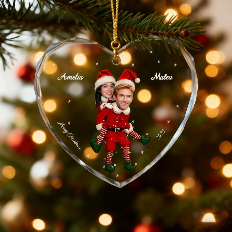 Personalized Christmas Ornament with Couple Photo, Custom Glass Heart or Round Ornament, Cute Elf Design, Holiday Gift for Couples