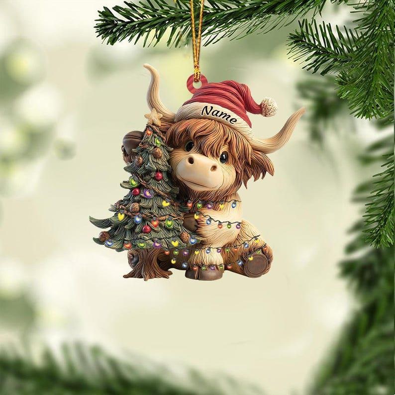 Personalized Highland Cow Christmas Ornament, Highland Cow Ornament Hanging, Funny Cattle Ornament, Highland Cow Lovers Gift