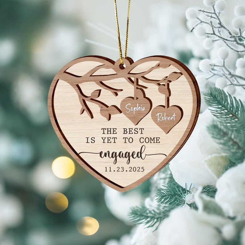 Engaged Wooden 2 Layered Ornament 2025, Custom Engagement Ornament with Names & Date, Engagement Gifts for Couple, Couple Name Ornament