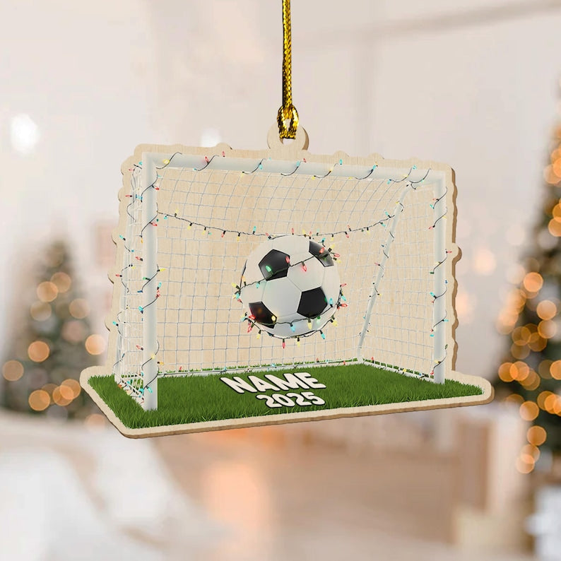 Custom Name Soccer 2025 Ornament, 2D Football Gold Ornament, Christmas Sports 2D flat Gift, Acrylic/Wooden Sport Ornament