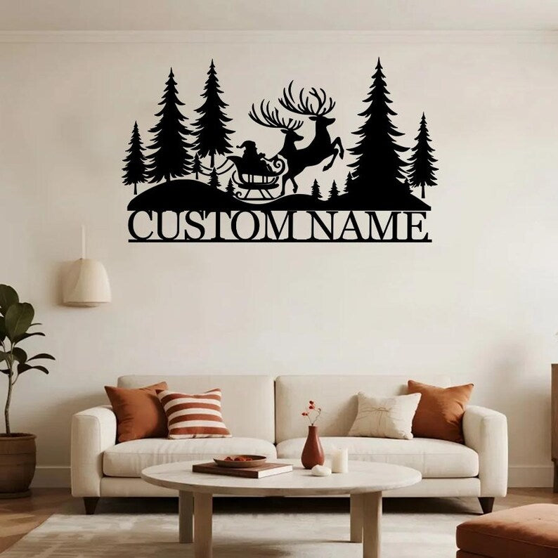 Personalized Santa Sleigh Metal Wall Art: Christmas Deer Sign