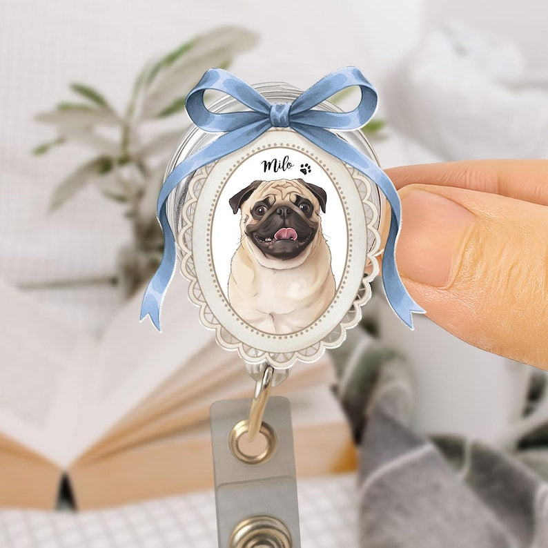 Custom Pet Photo Badge Reel, Personalized Oval Frame Pet ID Holder, Dog Cat Lover Gift, Nurse Vet Badge Accessory, Pet Lover Gift