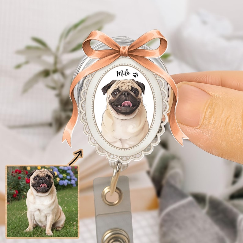 Custom Pet Photo Badge Reel, Personalized Oval Frame Pet ID Holder, Dog Cat Lover Gift, Nurse Vet Badge Accessory, Pet Lover Gift