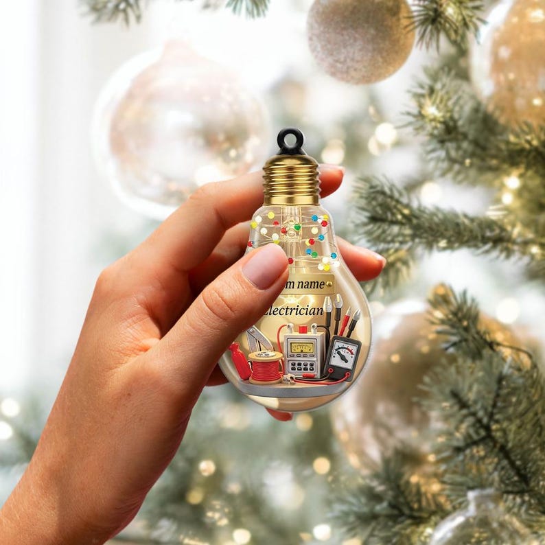 Personalized Electrician Christmas Ornament, Custom Name Light Bulb Decor, Funny Electrician Gift, Tradesman Ornament, Unique Keepsake