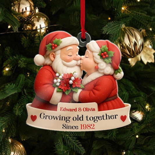 Santa Couple Love Growing Old Together Custom Acrylic Ornament, Anniversary Wedding, Christmas Gift For Husband Wife Boyfriend Girlfriend