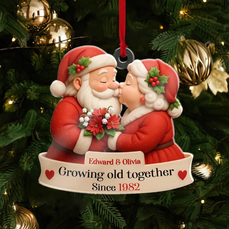 Santa Couple Love Growing Old Together Custom Acrylic Ornament, Anniversary Wedding, Christmas Gift For Husband Wife Boyfriend Girlfriend