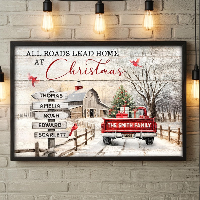Personalized Family Christmas Canvas Wall Art, At Christmas All Roads Lead Home Wall Art, Christmas Sign Vintage Metal Tin
