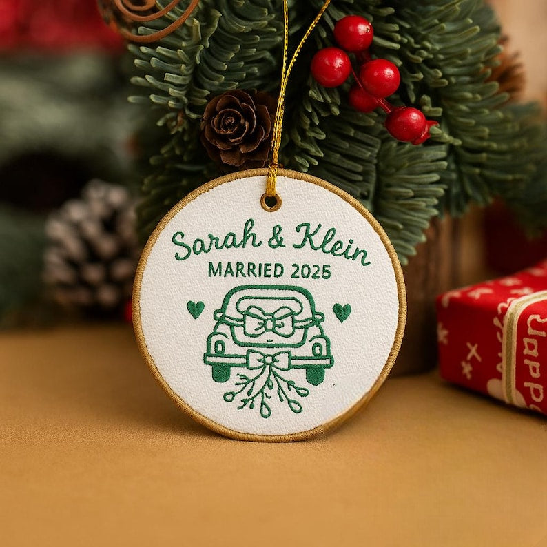 Personalized Embroidered Engagement Ornament: Mr & Mrs Keepsake, Christmas Bauble