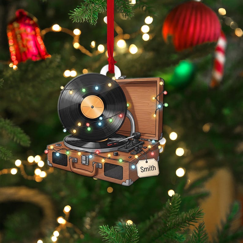 CUSTOMIZABLE Record Player Ornament, PERSONALIZABLE Vinyl Turntable Xmas Decor, Music Lover Gift for Him, Her, Friends, Family, Coworkers