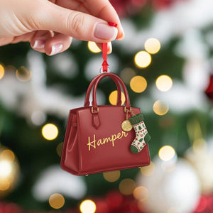 Personalized Handbag Ornament, Custom Name Christmas Tree Decoration with Red Purse and Stocking