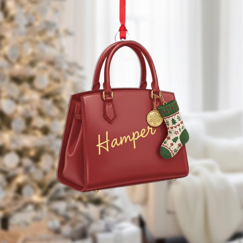 Personalized Handbag Ornament, Custom Name Christmas Tree Decoration with Red Purse and Stocking