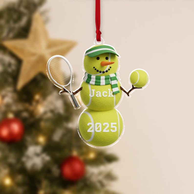 Personalized Acrylic Snowman Ornament Tennis Theme, Name & Year Holiday Tree Decoration