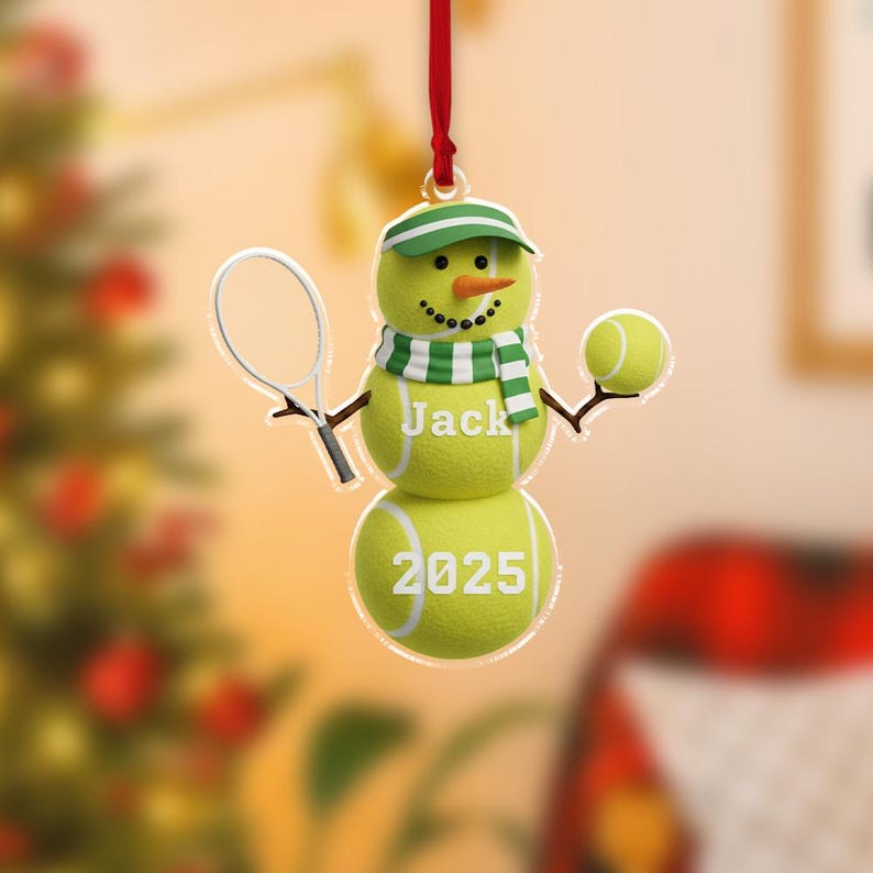 Personalized Acrylic Snowman Ornament Tennis Theme, Name & Year Holiday Tree Decoration