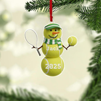 Personalized Acrylic Snowman Ornament Tennis Theme, Name & Year Holiday Tree Decoration