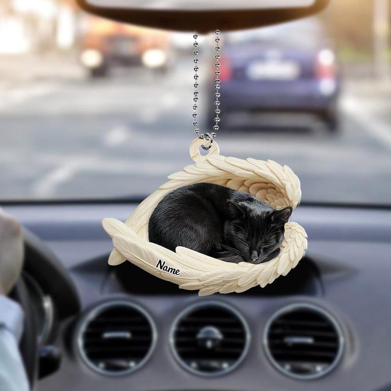 Personalized Black Cat Sleeping Angel Wings Ornament, Black Cat Christmas Ornament Gift, Car Ornament, Gift For Pet Lovers