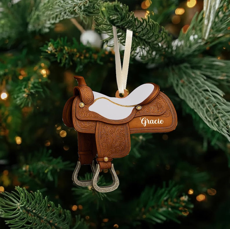 Personalized Horse Saddle Ornament, Rustic Western Christmas Decor, Cowboy Saddle Gift, Custom Name Tree Ornament