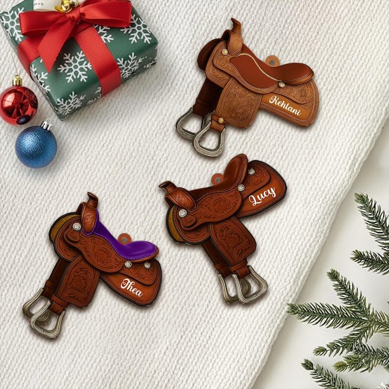 Personalized Horse Saddle Ornament, Rustic Western Christmas Decor, Cowboy Saddle Gift, Custom Name Tree Ornament