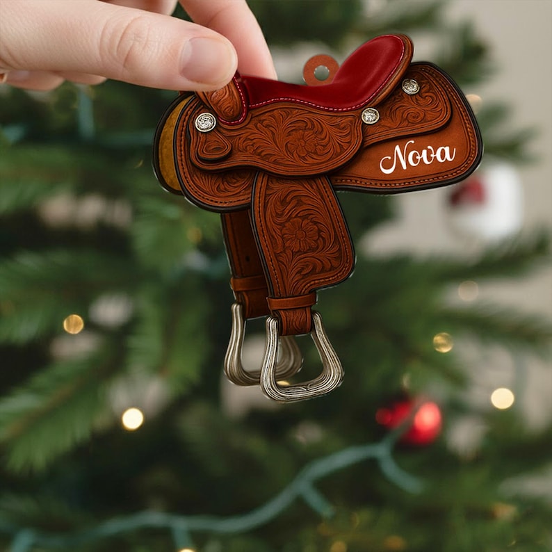 Personalized Horse Saddle Ornament, Rustic Western Christmas Decor, Cowboy Saddle Gift, Custom Name Tree Ornament