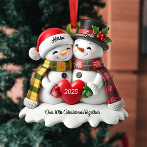 Personalized Heart Snowman Couple Christmas Tree Ornament 2D Ornament Our 10th Christmas Together, Memorial Gift For Couple Christmas Gift For Her/Him