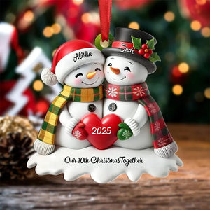 Personalized Heart Snowman Couple Christmas Tree Ornament 2D Ornament Our 10th Christmas Together, Memorial Gift For Couple Christmas Gift For Her/Him