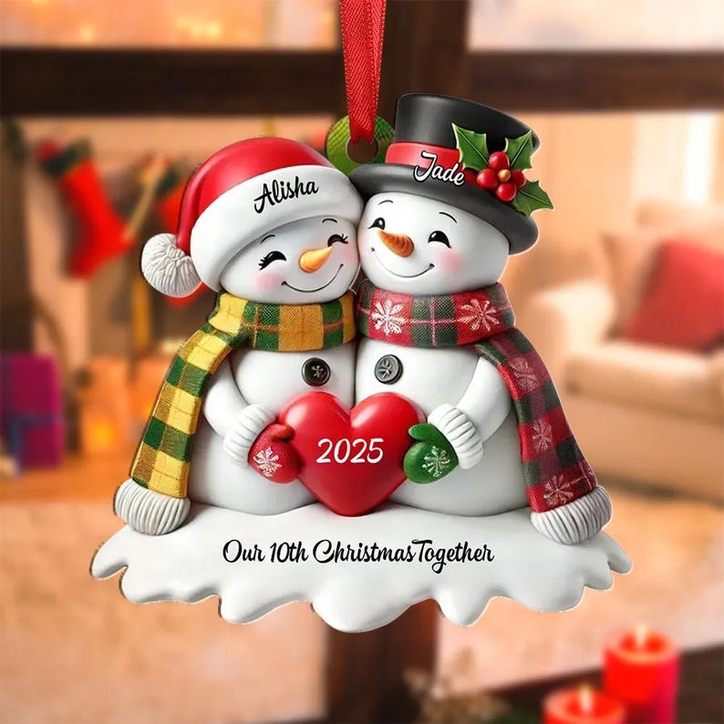 Personalized Heart Snowman Couple Christmas Tree Ornament Our 10th Christmas Together, Memorial Gift For Couple Christmas Gift For Her/Him