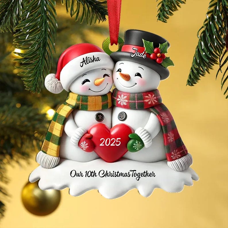 Personalized Heart Snowman Couple Christmas Tree Ornament 2D Ornament Our 10th Christmas Together, Memorial Gift For Couple Christmas Gift For Her/Him