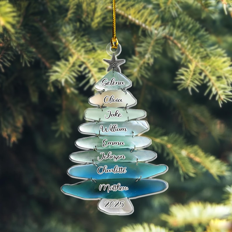 2D Flat Personalized Sea Glass Family Tree Ornament, Custom Big Family Name Acrylic Christmas Tree, Sea Glass Holiday Keepsake, Family Gift