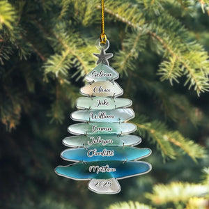 2D Flat Personalized Sea Glass Family Tree Ornament, Custom Big Family Name Acrylic Christmas Tree, Sea Glass Holiday Keepsake, Family Gift