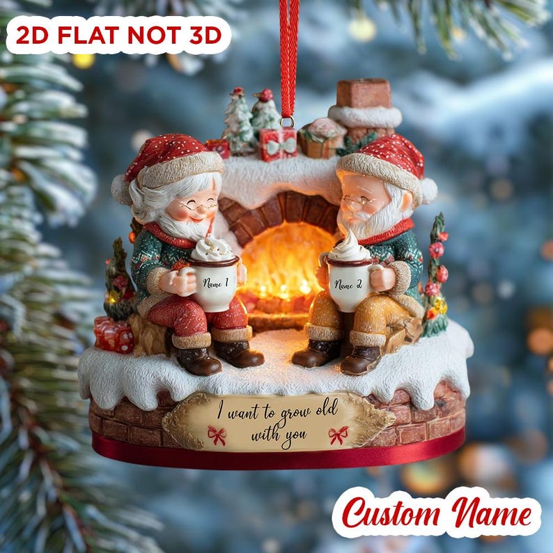 Personalized Flat Fireplace Ornament, Cute Elderly Couple Names, 2D Grow Old Together Christmas Gift For Husband Wife