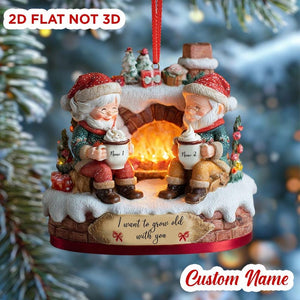 Personalized Flat Fireplace Ornament, Cute Elderly Couple Names, 2D Grow Old Together Christmas Gift For Husband Wife