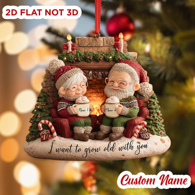 Personalized Flat Fireplace Ornament, Cute Elderly Couple Names, 2D Grow Old Together Christmas Gift For Husband Wife