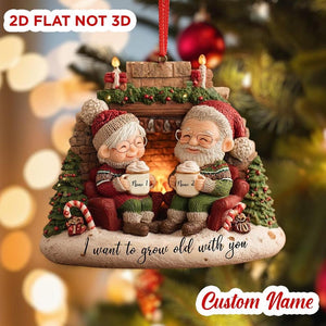 Personalized Flat Fireplace Ornament, Cute Elderly Couple Names, 2D Grow Old Together Christmas Gift For Husband Wife