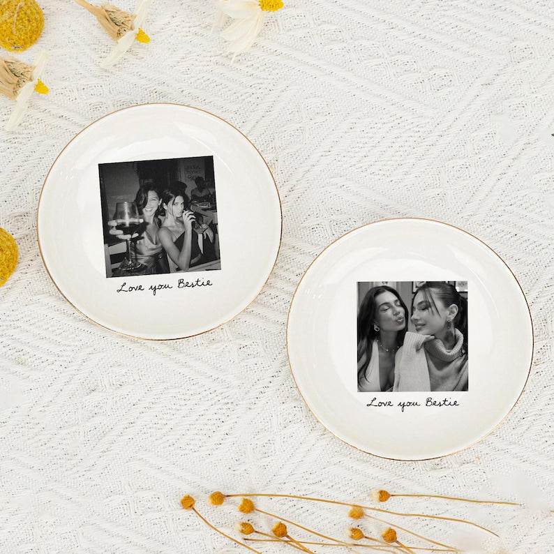 Personalized Bestie Photo Jewelry Dish: Ceramic Trinket Tray for Best Friend, Birthday Bestie Gifts
