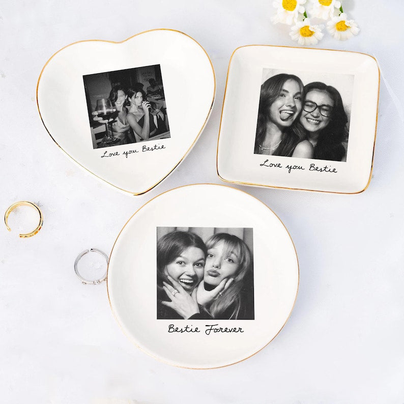 Personalized Bestie Photo Jewelry Dish: Ceramic Trinket Tray for Best Friend, Birthday Bestie Gifts