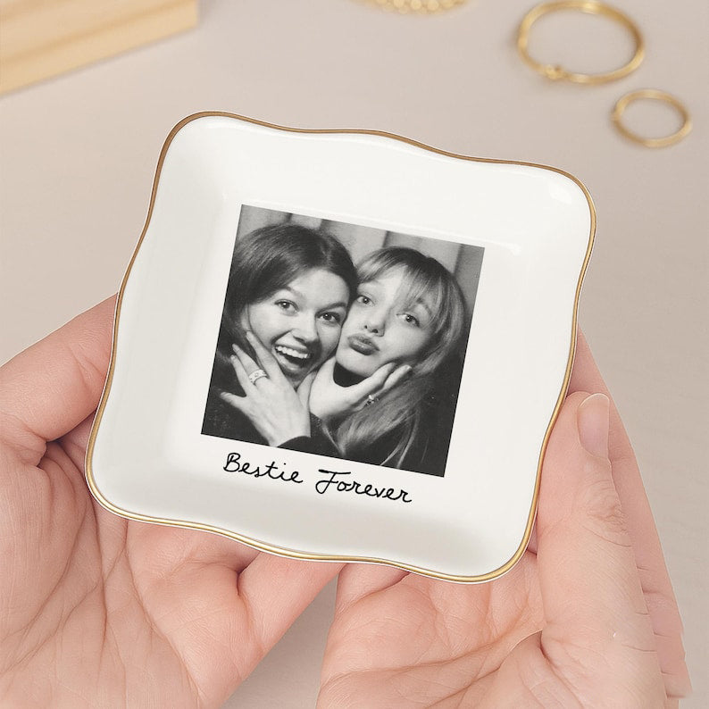 Personalized Bestie Photo Jewelry Dish: Ceramic Trinket Tray for Best Friend, Birthday Bestie Gifts