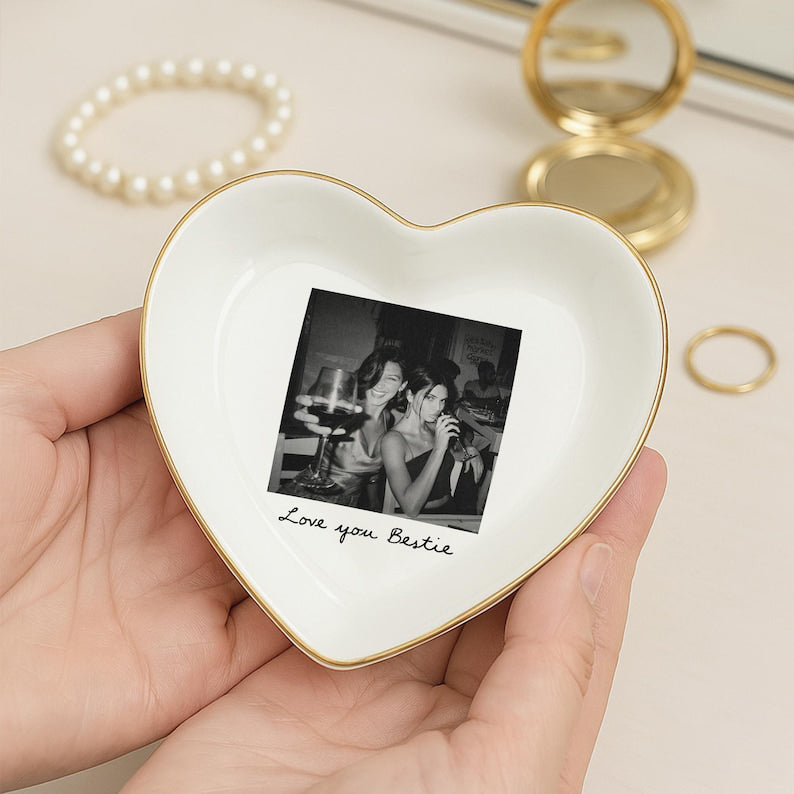 Personalized Bestie Photo Jewelry Dish: Ceramic Trinket Tray for Best Friend, Birthday Bestie Gifts
