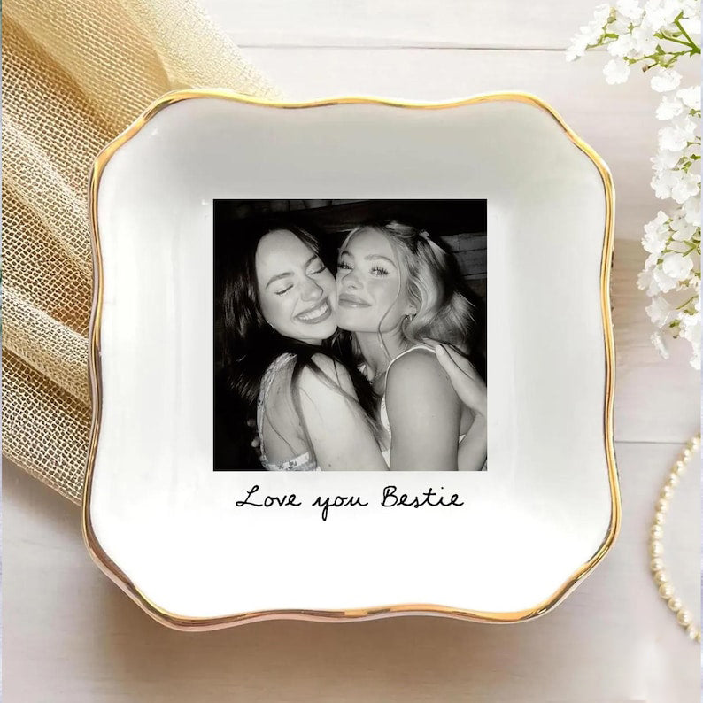 Personalized Bestie Photo Jewelry Dish: Ceramic Trinket Tray for Best Friend, Birthday Bestie Gifts