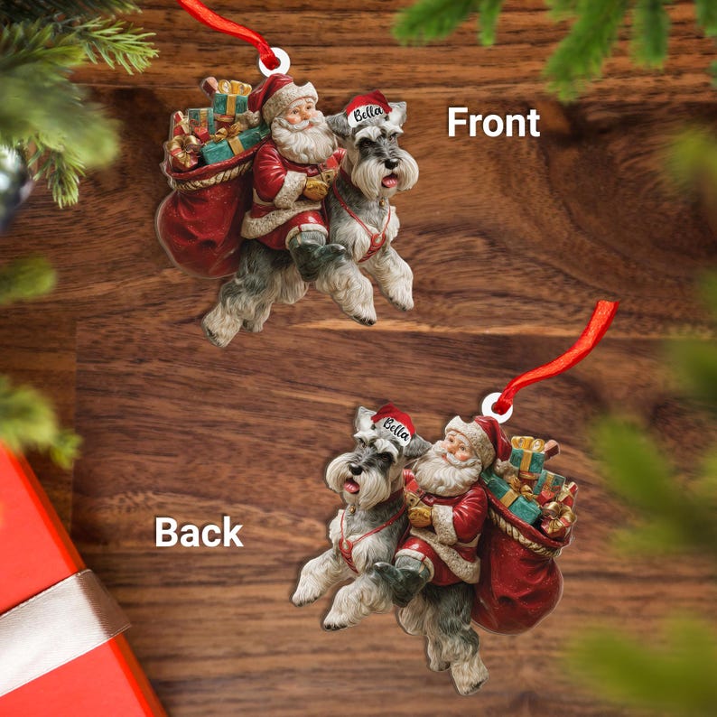 Personalized Schnauzer Dog and Santa Christmas Wood Ornament, Flat 2D Holiday Tree Decor Gift for Dog Lovers, Families Pet Keepsakef