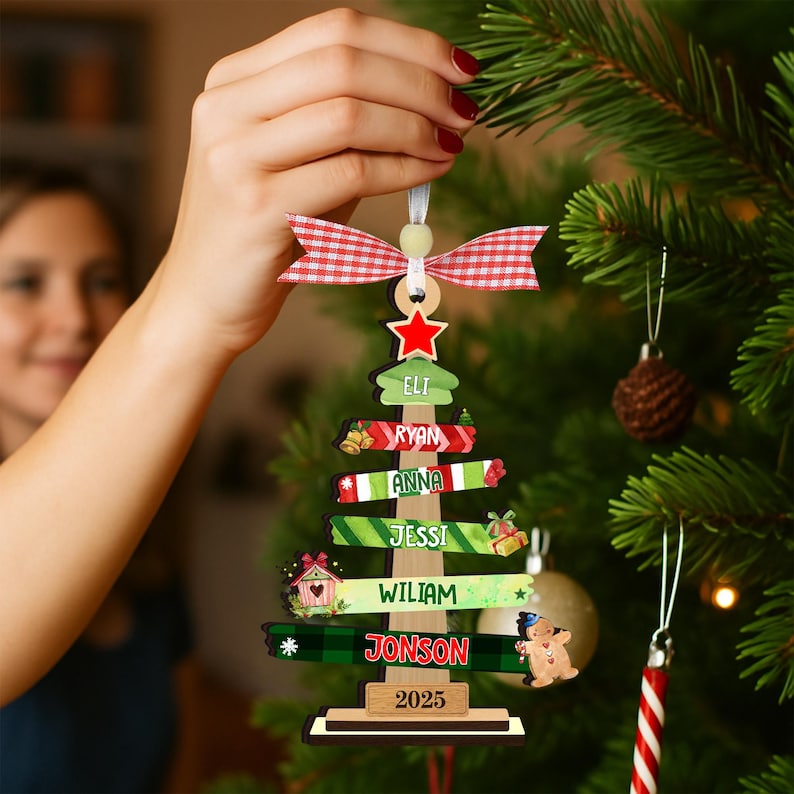 Our Family Christmas Tree Personalized Ornament Custom Wood Christmas Ornament, Holiday Gift for Mom Dad Kids, Family Keepsake Decoration